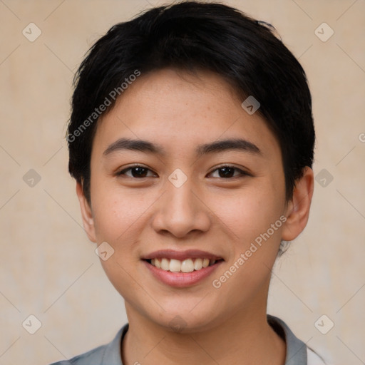 Joyful latino young-adult female with short  brown hair and brown eyes