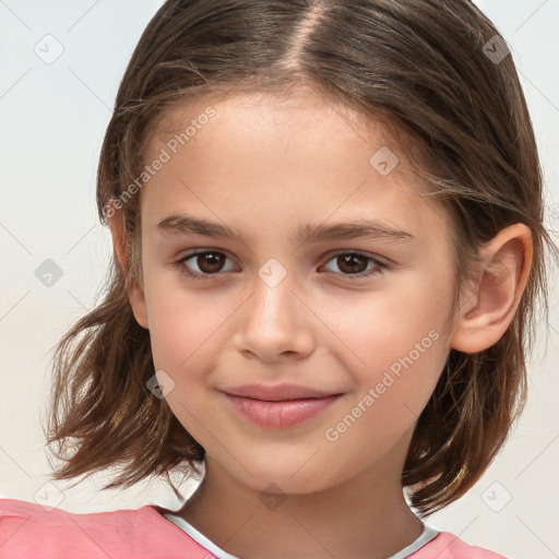 Joyful white child female with medium  brown hair and brown eyes