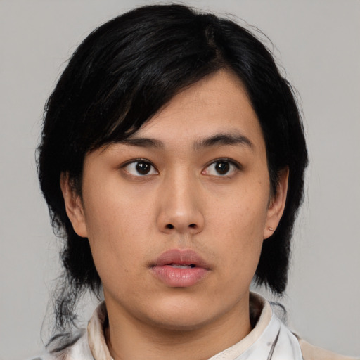 Neutral asian young-adult female with medium  black hair and brown eyes