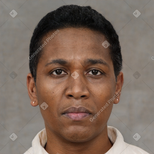 Neutral black young-adult male with short  black hair and brown eyes