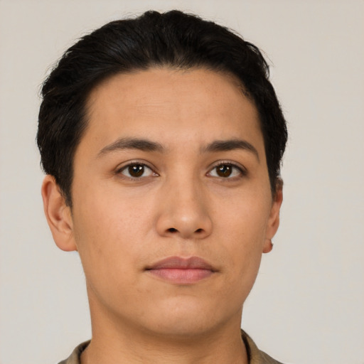 Neutral asian young-adult male with short  brown hair and brown eyes