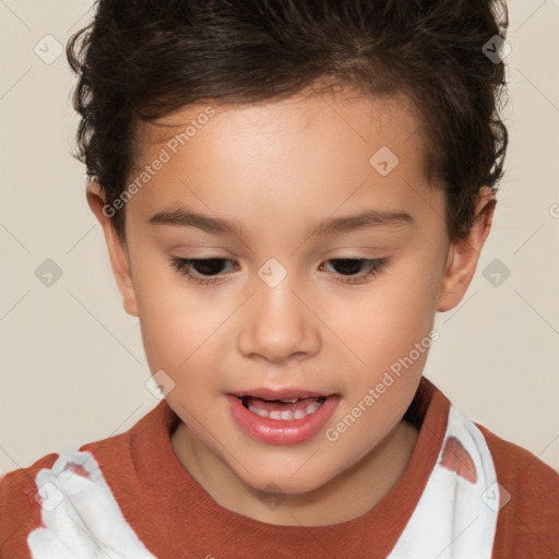 Joyful white child female with short  brown hair and brown eyes