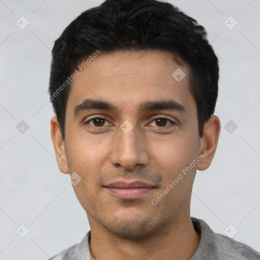 Neutral latino young-adult male with short  black hair and brown eyes
