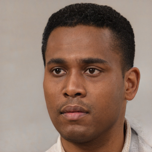 Neutral black young-adult male with short  black hair and brown eyes