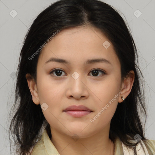 Neutral asian young-adult female with medium  brown hair and brown eyes