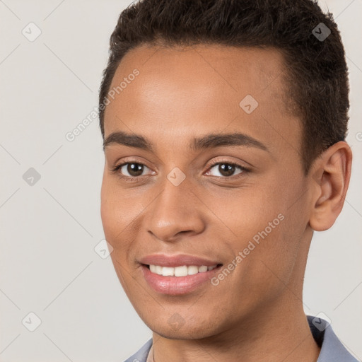 Joyful white young-adult male with short  brown hair and brown eyes