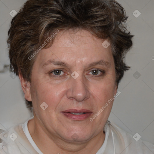 Joyful white adult female with short  brown hair and brown eyes