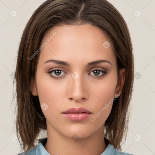 Neutral white young-adult female with medium  brown hair and brown eyes