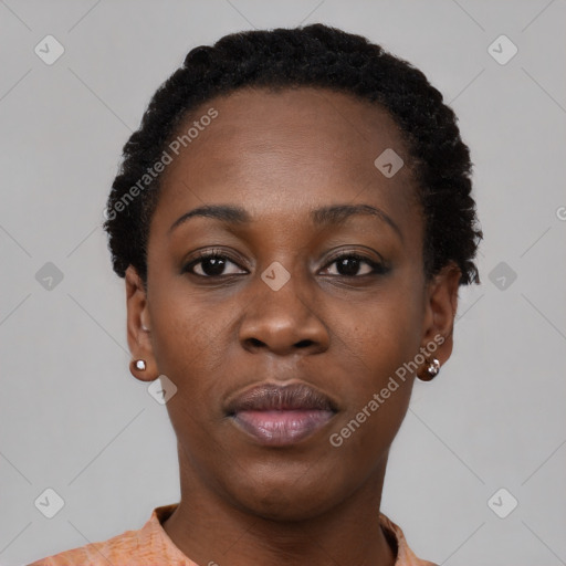 Neutral black young-adult female with short  black hair and brown eyes