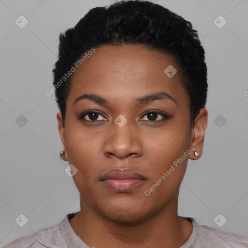 Neutral black young-adult female with short  black hair and brown eyes