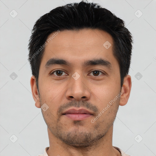 Neutral asian young-adult male with short  black hair and brown eyes