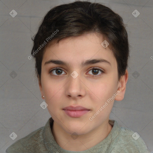 Neutral white young-adult female with short  brown hair and brown eyes