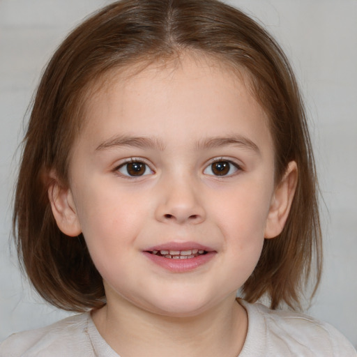 Joyful white child female with medium  brown hair and brown eyes