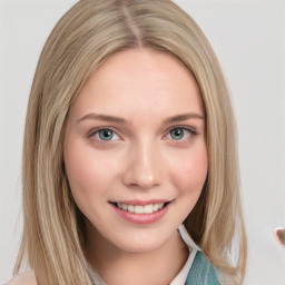 Joyful white young-adult female with medium  brown hair and blue eyes