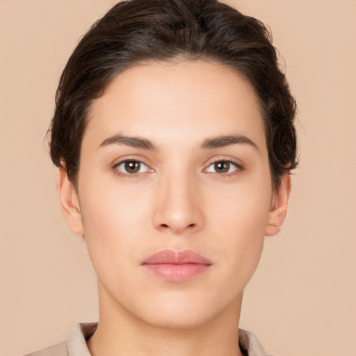 Neutral white young-adult female with short  brown hair and brown eyes