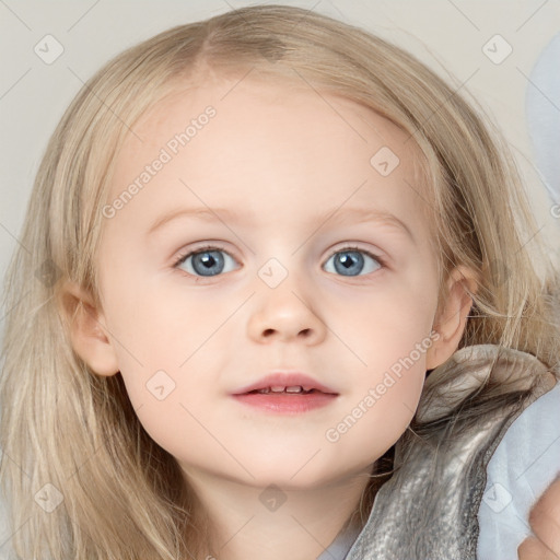 Neutral white child female with medium  brown hair and blue eyes