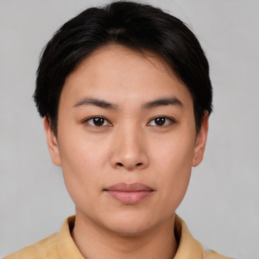 Neutral asian young-adult female with short  black hair and brown eyes