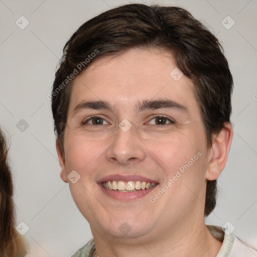 Joyful white young-adult male with medium  brown hair and brown eyes