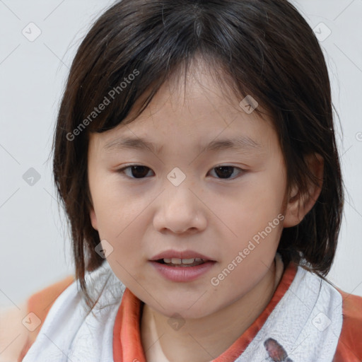 Joyful white child female with medium  brown hair and brown eyes