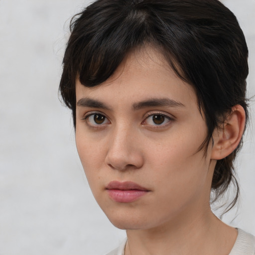 Neutral asian young-adult female with medium  brown hair and brown eyes