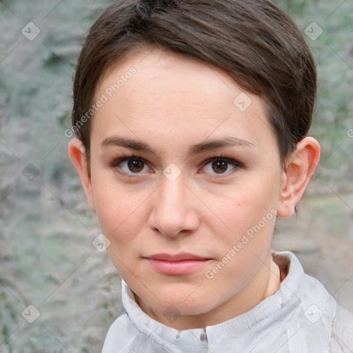 Neutral white young-adult female with short  brown hair and brown eyes