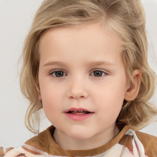 Neutral white child female with medium  brown hair and blue eyes