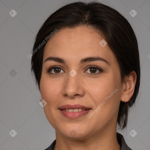 Joyful white young-adult female with medium  brown hair and brown eyes