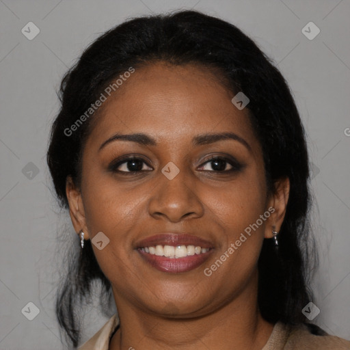 Joyful black young-adult female with medium  black hair and brown eyes