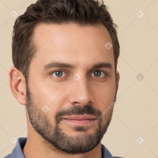 Neutral white young-adult male with short  brown hair and brown eyes