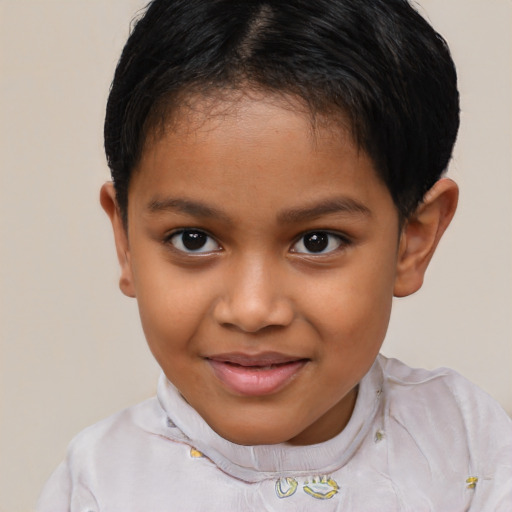 Joyful black child female with short  brown hair and brown eyes