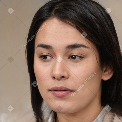 Joyful asian young-adult female with medium  black hair and brown eyes