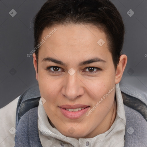 Joyful white young-adult female with short  brown hair and brown eyes