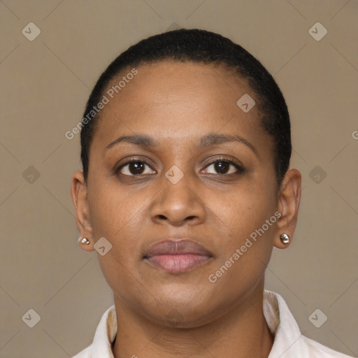 Neutral black young-adult female with short  brown hair and brown eyes
