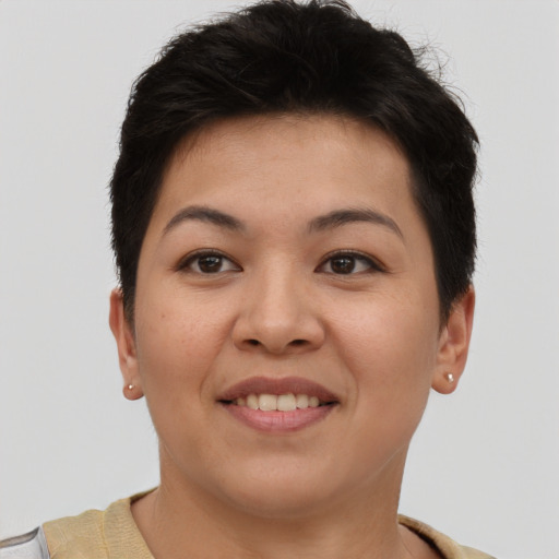 Joyful asian young-adult female with short  brown hair and brown eyes