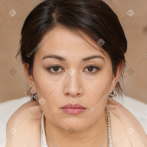 Neutral white young-adult female with medium  brown hair and brown eyes