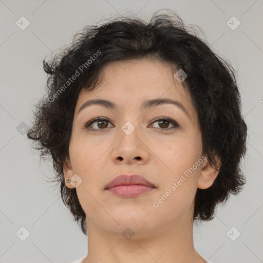 Neutral asian young-adult female with medium  brown hair and brown eyes