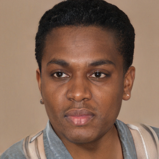 Neutral black young-adult male with short  black hair and brown eyes