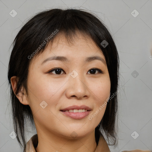 Joyful asian young-adult female with medium  brown hair and brown eyes