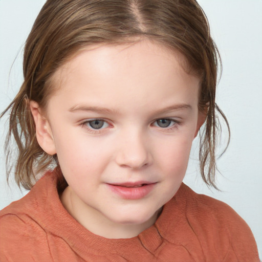 Joyful white child female with medium  brown hair and blue eyes