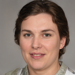 Joyful white adult female with medium  brown hair and grey eyes