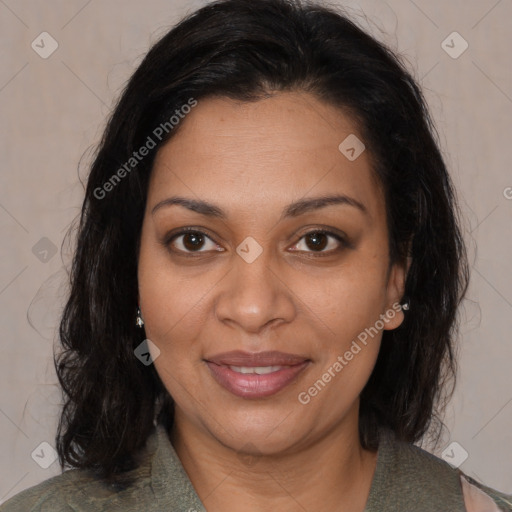 Joyful black young-adult female with medium  brown hair and brown eyes