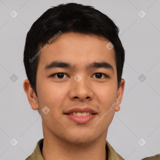 Joyful asian young-adult male with short  black hair and brown eyes