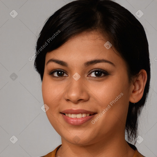 Joyful white young-adult female with medium  brown hair and brown eyes