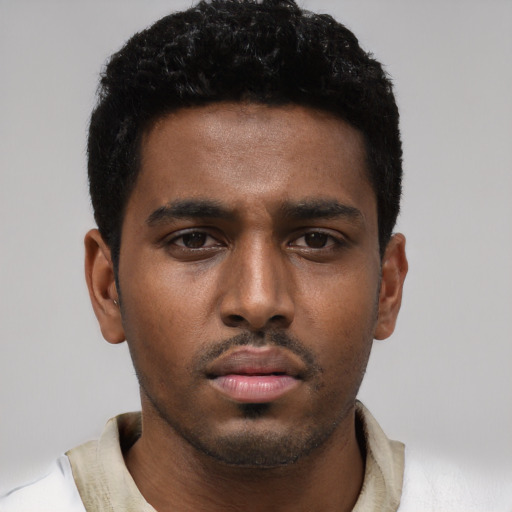 Neutral black young-adult male with short  black hair and brown eyes
