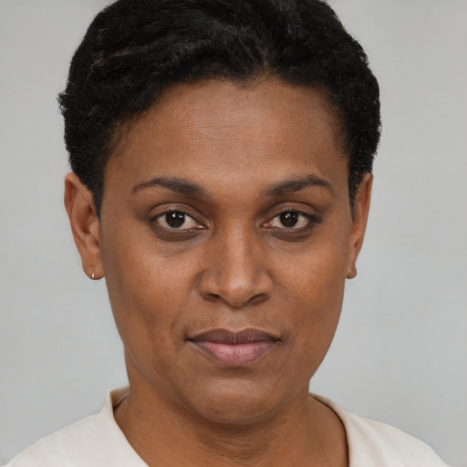 Joyful black young-adult female with short  black hair and brown eyes