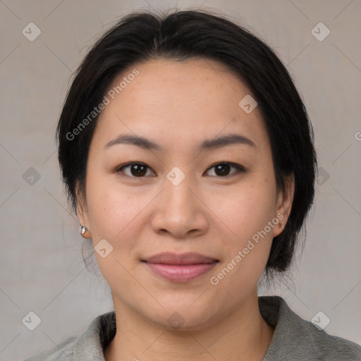 Joyful white young-adult female with medium  black hair and brown eyes