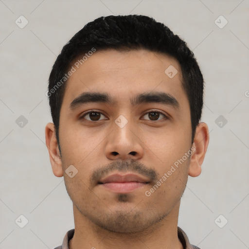 Neutral latino young-adult male with short  black hair and brown eyes