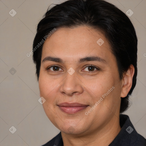 Joyful white adult female with medium  brown hair and brown eyes