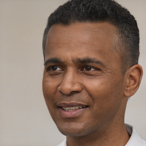 Joyful black adult male with short  brown hair and brown eyes