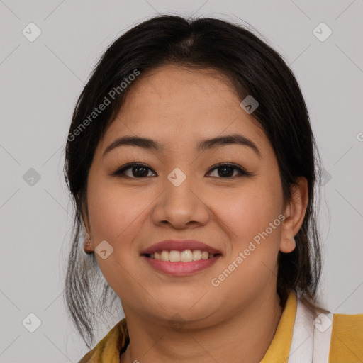 Joyful asian young-adult female with medium  brown hair and brown eyes